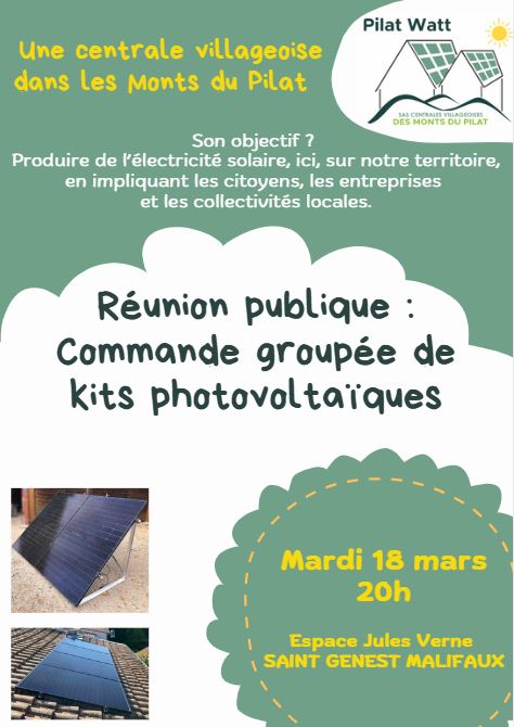 Affichette réunion publique commande groupée kits solaire, 18/03/25 à ST GENEST MALIFAUX