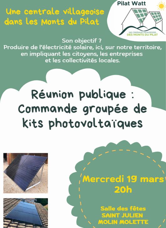 Affichette réunion publique commande groupée kits solaire, 19/03/25 à ST JULIEN MOLIN MOLETTE